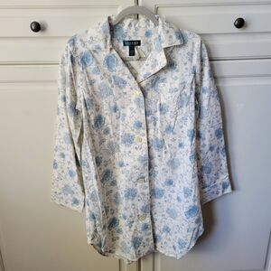 Ralph Lauren Blue Floral Button Up Sleep Shirt Monogram S